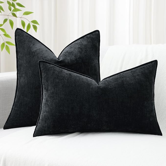 decorUhome Christmas Couch Throw Pillow Covers 26x26 Set of 2, Decorative Soft Euro Velvet Neutral Chenille Pillow Covers with Elegant Design for Sofa Bed Living Room Home Decor, Black