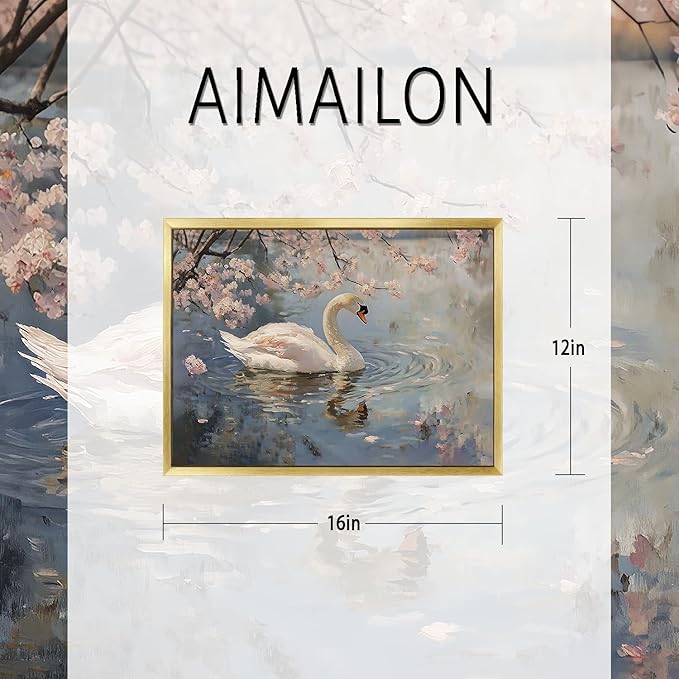 AIMAILON Vintage Gold Canvas Wall Art Framed Decor for Living Room Gallery White Swan Animal Print Pictures Classical Pink Flower Lake Background Aesthetic Artwork Home Decoration 12x16