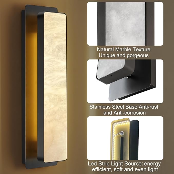 Alabaster Wall Sconces 20" Black Bathroom Vanity Light Indoor Natural Marble Bronze Alabaster Wall Lights for Living Room Modern Alabaster Wall Lighting for Dining Room Bedroom Stairs