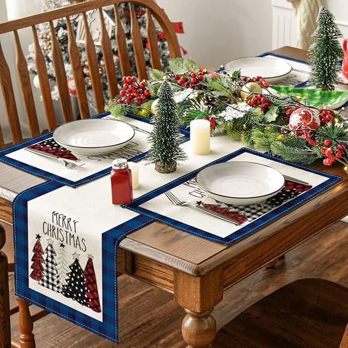 Artoid Mode Blue Waterclor Buffalo Plaid Christmas Trees Placemats Set of 4, 12x18 Inch Winter Table Mats for Outdoor Home Party Kitchen Dining Decor
