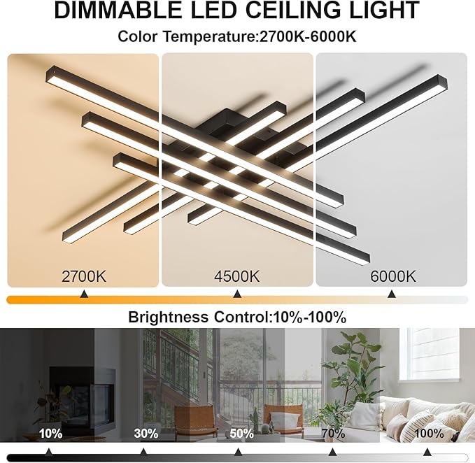JAYMP Modern Ceiling Light with Remote, 43.3" Black Sputnik Ceiling Lamp, 96W Dimmable LED Lighting Fixture for Dining Room, Living Room, Kitchen Island, 6 Lights