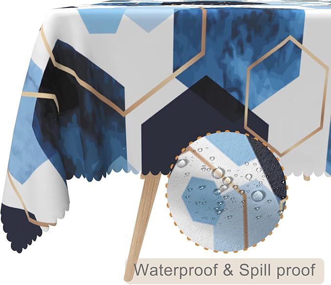 70x140inches Elegant Hexagons Tablecloth Blue White Gold Modern Geometric Abstract Art Fabric Table Cloth Marble Texture Waterproof Table Cover for Kitchen Dining Room Banquet Party Decor