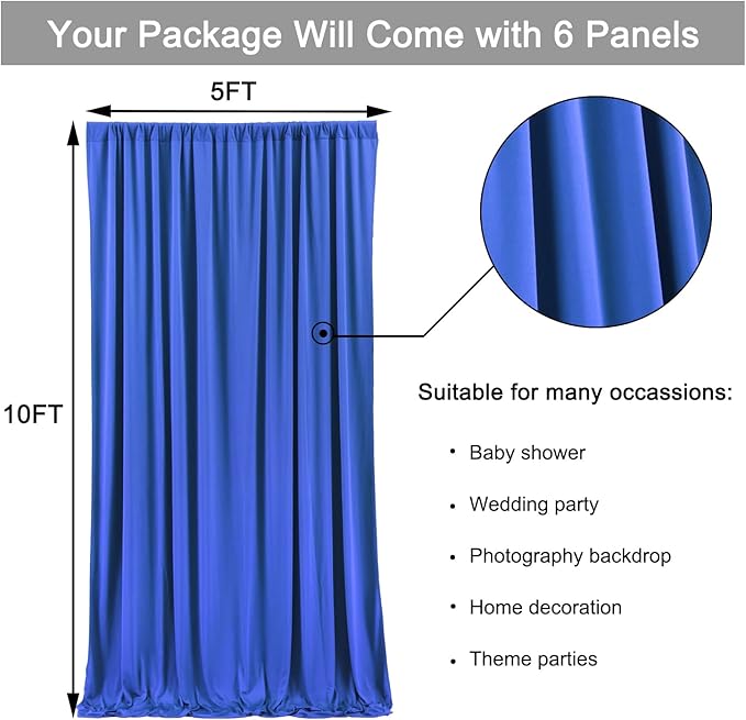30ft x 10ft Wrinkle Free Royal Blue Backdrop Curtains for Parties, 6 Panels 5x10ft Silky Polyester Blue Photo Backdrop Drapes for Weddings Birthday Party Photography Background Stand