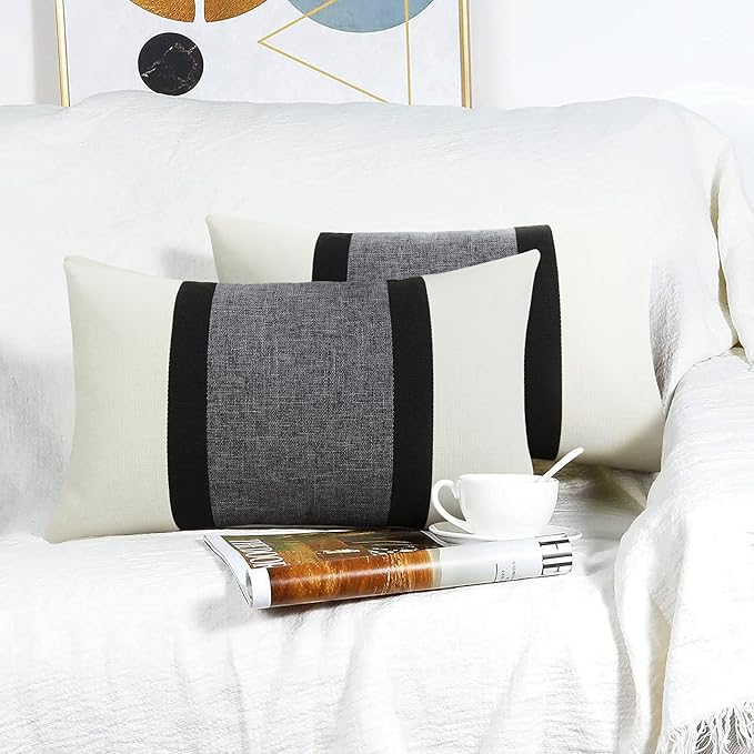 Pyonic 12x20 Pillow Covers Set of 2 Farmhouse Decor Stripe Patchwork Linen Throw Lumbar Pillow Covers Boho Accent Cushion Covers for Couch Sofa,Black White Grey