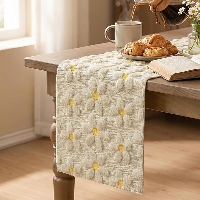 Artoid Mode Beige Soft Plush Faux Fur Jacquard Embroidery Daisy Spring Table Runner, Kitchen Dining Table Decoration for Home Party Decor 13x36 Inch
