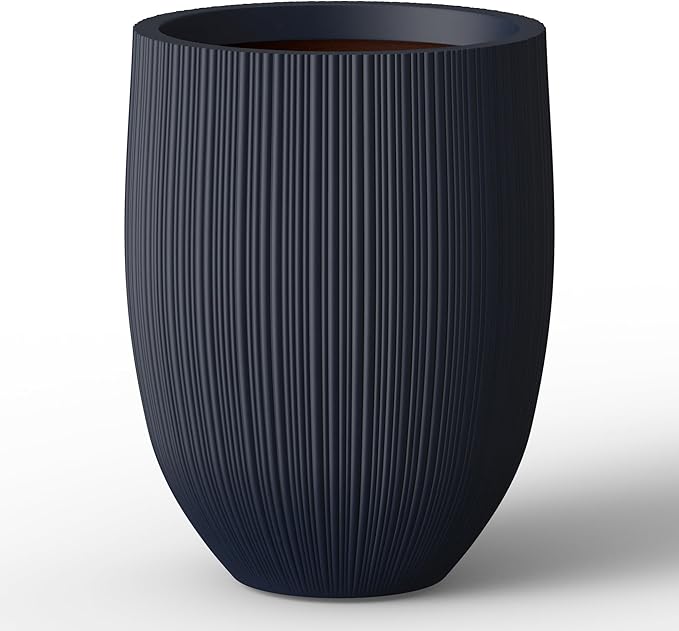 Kante Round Fluted Concrete Planter, 16.9-Inch Dia Barrel-Style Pot with Drainage Hole, Charcoal Finish with Warm Brown Interior, 13.7" Opening, for Indoor and Outdoor Use