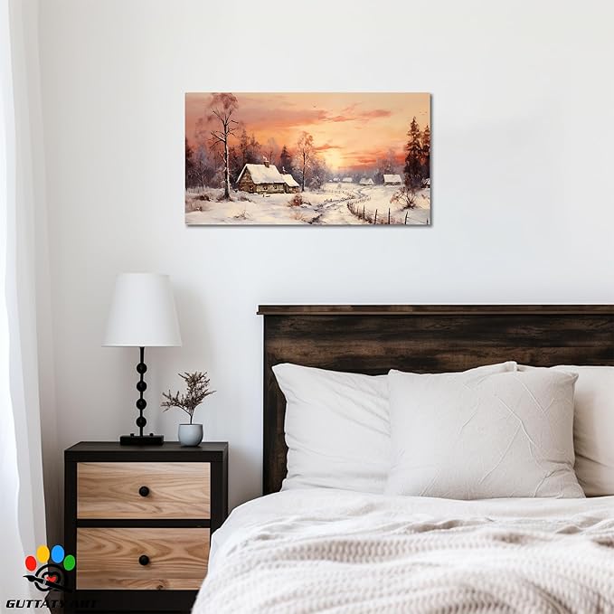 GUTTATY Christmas Winter Scene Canvas Wall Art, Cozy Snow Village Canvas Print, Rustic Country House Wall Painting, Winter Sunset Landscape Poster for Living Room, Bedroom, Hallway, 40x20 Inch