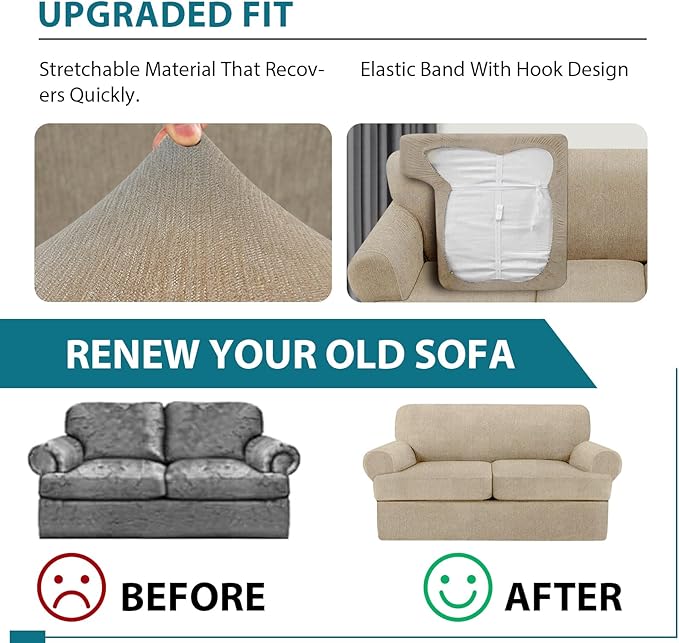 T Cushion Loveseat Slipcover 3 Pieces Sofa Covers for T Cushion Sofa Stretch Slip Covers for 2 Cushion Couch with 2 Individual T Shape Seat Covers (Island Fossi, 2 Cushion)