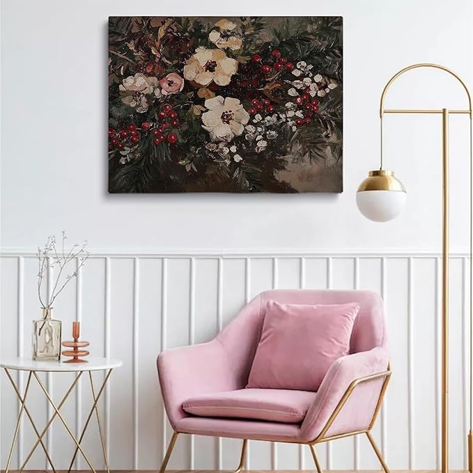 Moody Christmas Floral Academia Art Prints,Christmas Cottagecore Fireplace Decor,Vintage Winter Flower Print,Dark Moody Winter Floral Bouquet Painting