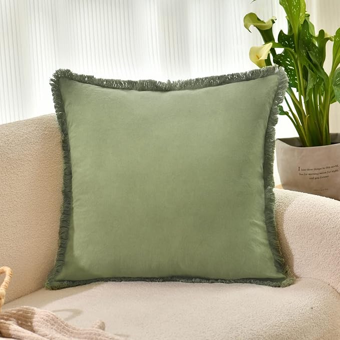 ZWJD Pillow Covers 18x18 Set of 2 Olive Green Throw Pillow Covers with Fringe Chic Cotton Decorative Pillows Square Cushion Covers for Sofa Couch Bed Living Room Farmhouse Boho Decor