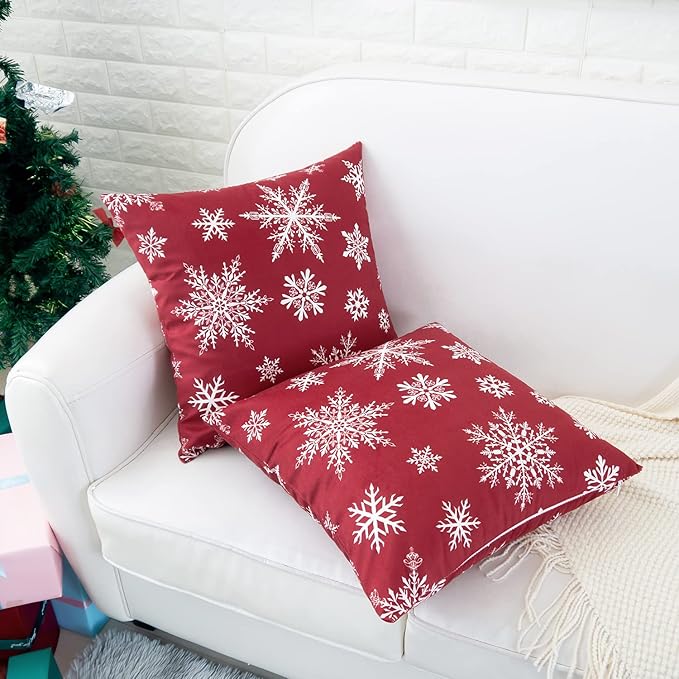 HWY 50 Red Throw Pillow Covers 18x18 Inch for Couch Sofa Bed, Soft Christmas Big and Small Snowflakes Print Throw Pillows Cases Set Cushion Cover Pack of 2 Decorative