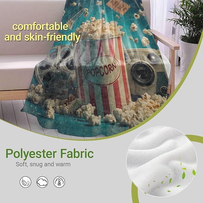 Vintage Popcorn Flannel Throw Blanket, 40"x50", Retro Movie Reel and Ticket, Warm Lightweight Blankets, Machine Washable, Adults Gifts, Outdoor Indoor Travel Hiking Nap Throw, Home Decorate