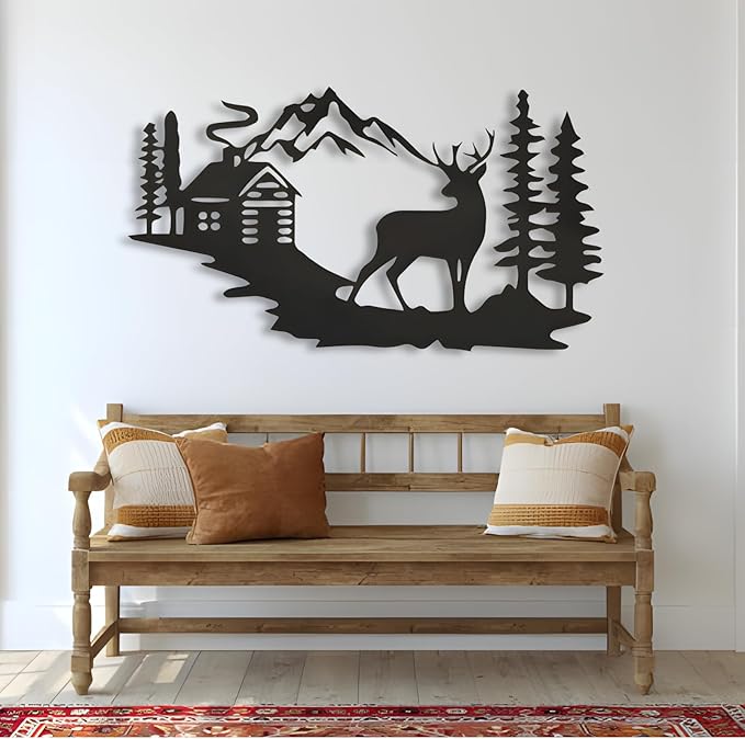 kuestboy Metal Wall Art Deer Forest Landscape, Mountain Cabin Scene Wildlife Design, Handcrafted Steel Wall Sculpture for Lodge, Cabin, Rustic Home Decor (39" X 22" | 100X56cm)