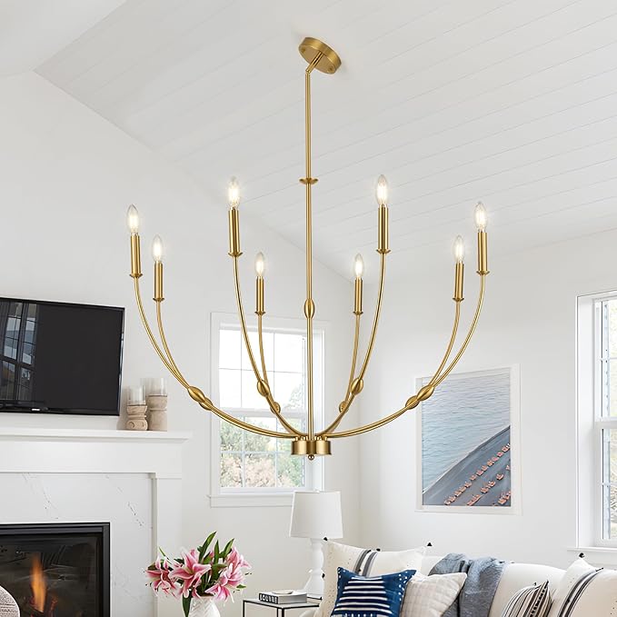 8-Light Candle Chandeliers, 35 Inch Brushed Gold Dining Room Light Fixture, Modern High Ceiling Chandeliers for Living Room, Entryway, Foyer