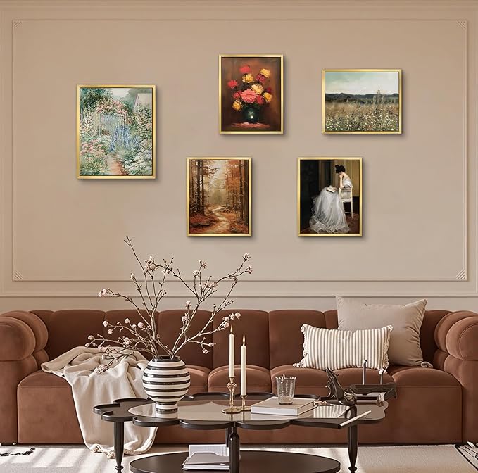AIMAILON Vintage Gold Canvas Wall Art Framed Decor Classical Autumn Forest Trail Nature Theme Landscape Artwork Botanical Aesthetic Picture Home Interior Decoration 8x10