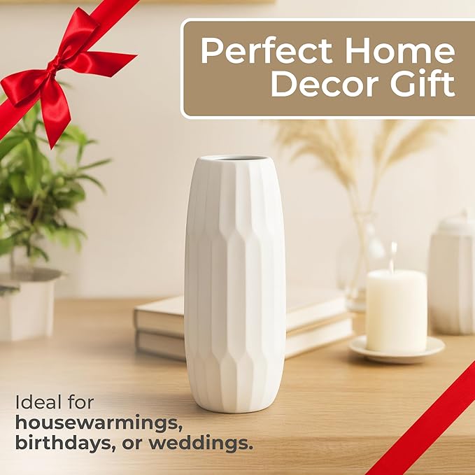 Oblong Decorative Vase with Textured Finish – Ceramic Decorative Vases for Home Decor – Modern Centerpiece Flower Vases for Living Room, Bedroom & Office – 14", White