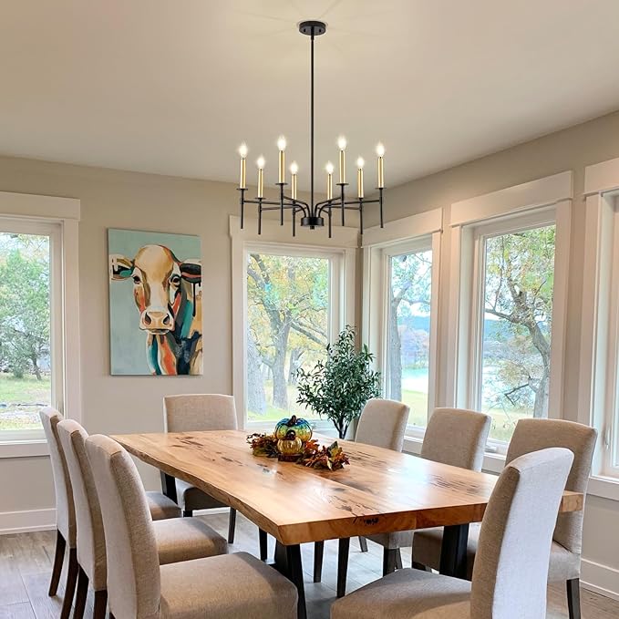 Modern Dining Room Light Fixture 8-Light, Black and Gold Farmhouse Chandelier, Metal Candle Chandeliers for Dining Room, Kitchen, Living Room, Bedroom, Foyer, Staircase, Entryway