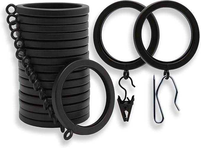 BlastHome® Luxury Curtain Rings – Premium Metal with Quiet, Smooth Nylon Inserts – Pinhooks and Clips Included – 1 1/2" Inside Diameter – 18 Rings for Two Standard Curtains – Brushed Dark Brown