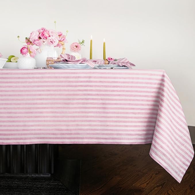 Solino Home Linen Striped Tablecloth 52 x 52 Inch - 100% Pure Linen Cherry Blossom and White Square Table Throw - Amalfi Stripe, Machine Washable Tablecloth