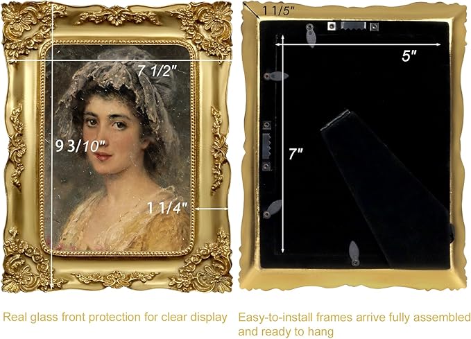 Gold 5x7 Picture Frame Vintage Antique Victorian Ornate Picture Frames Baroque for Tabletop or Wall Hanging Small with Glass Front