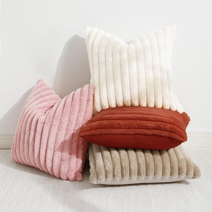 decorUhome Faux Fur Thanksgiving Day Throw Pillow Covers 12x20 Set of 2, Decorative Soft Plush Striped Neutral Couch Euro Pillow Covers with Velvet Back for Sofa, Bed, Living Room Home Decor, Rust