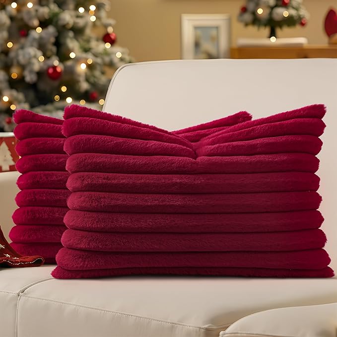 decorUhome Faux Fur Christmas Throw Pillow Covers 12x20 Set of 2, Decorative Soft Plush Striped Lumbar Neutral Couch Euro Pillow Covers with Velvet Back for Sofa, Bed, Living Room Home Decor, Burgundy