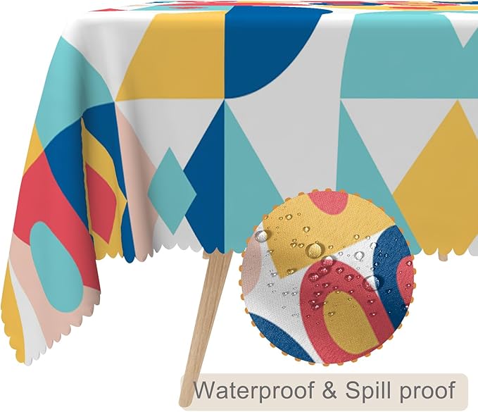 70x140inches Mid Century Table Cloth Nordic Modern Geometric Abstract Splicing Fabric Tablecloth Waterproof and Stain Resistant Table Cover for Kitchen Dining Room Indoor Outdoor Home Decor