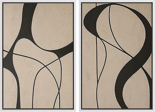 SIGNWIN Framed Canvas Print Wall Art Set Neutral Beige and Black Abstract Line Modern Minimalist Modern Art Minimal Boho Relax/Calm for Living Room, Bedroom, Office - 24"x36"x2 White