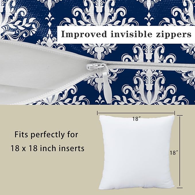 LOVOUS Navy Blue and White Damask Throw Pillow Covers 18x18 Inch Set of 2, Vintage Linen Decorative Pillow Covers for Bed Couch Sofa Bedroom Living Room Home Decor, B37