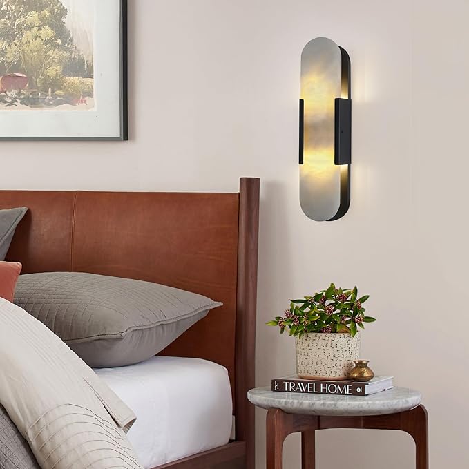 19.7in Matte Black Alabaster Wall Sconces, Natural Marble Wall Sconces Indoor Alabaster Sconces for Living Room Modern Alabaster Sconces Wall Lighting for Dining Room Stairs Bedroom
