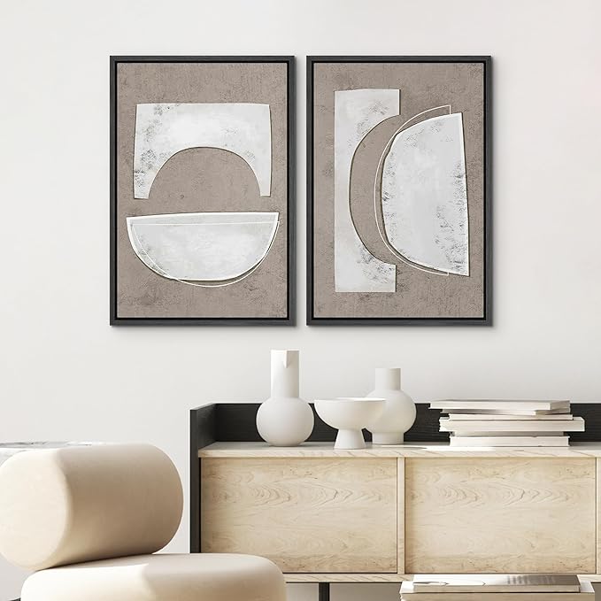 SIGNWIN Framed Canvas Print Wall Art Set Art Deco Grunge White Polygons Abstract Shapes Cozy Neutral Minimal Decorative Nordic Zen Bohemian for Living Room, Bedroom, Office - 24"x36"x2 Black