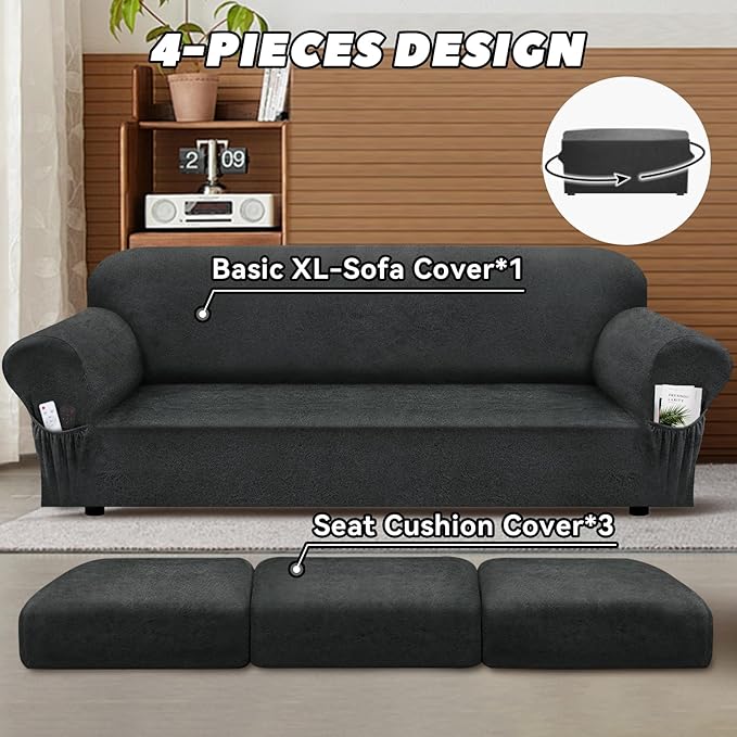Sofa Slipcover with Armrest Pockets 4-Piece Set, Stretch Faux Leather Extra Large Couch Covers for 3-Cushion Couches(Fits 98-112") - Machine Washable, Pet & Kid Friendly - Gray