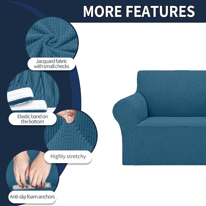 Cupuamon 2025 New Stretch Sofa Slipcovers Couch Cover for 3 Cushion Furniture Protector Sofa Covers with Elastic Bottom Jacquard Fabric Small Checks for Pets, Kids -Sofa, Peacock Blue