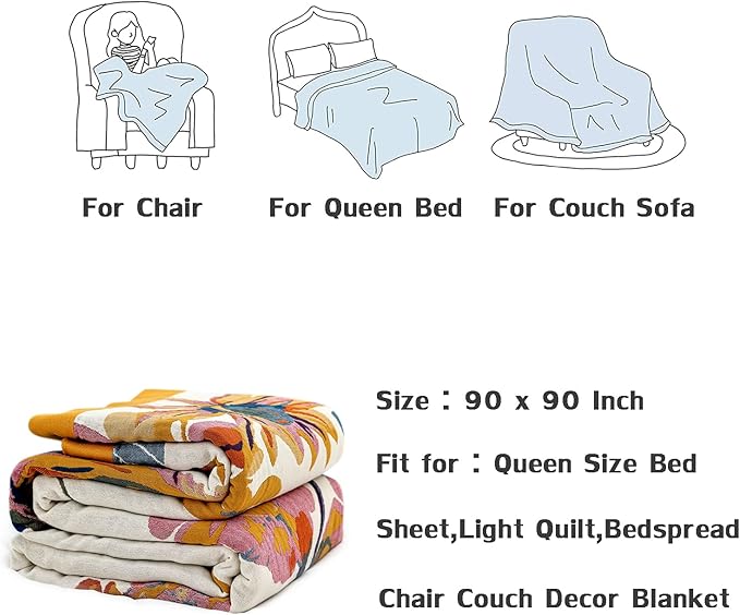 Queen Throw Blanket for Bed 100% Cotton Boho Ultra Soft Quilt Butterfly and Floral Double Embroidery Fall Queen Bed Blanket Bedspread,90"x 90" All Season Blankets for Bedding Couch
