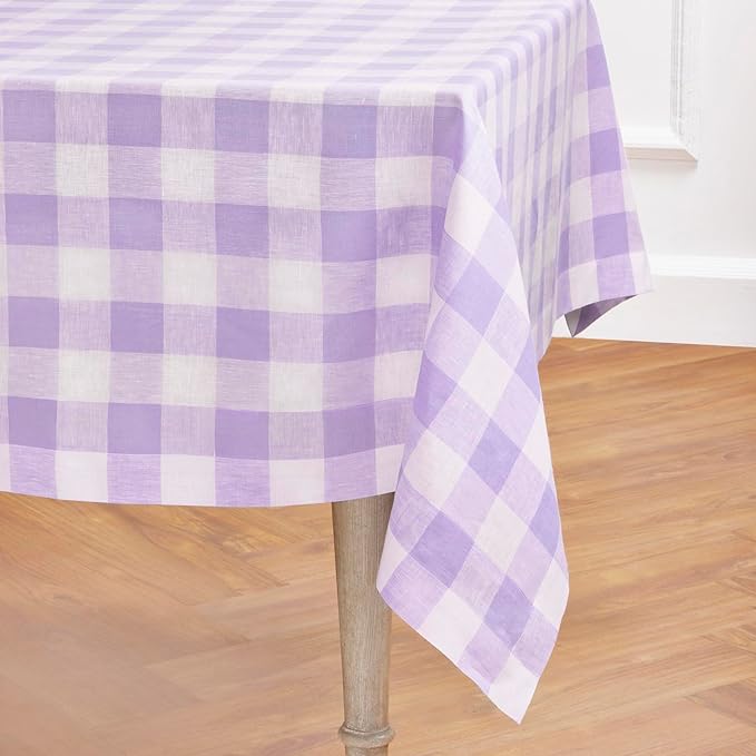 Solino Home Linen Checkered Tablecloth 60 x 90 Inch - 100% Pure Linen Misty Lavender Buffalo Plaid Table Cloth for Rectangle Tables - Machine Washable Tablecloth