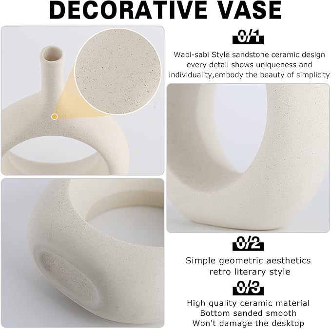 Off White Ceramic Hollow Elliptical Vase Set of 2 - Boho Circle Vase with Hole, for Modern Off White Table Decor, Living Room Decor Shelf mid Century Modern Home Entrance Decorative vase