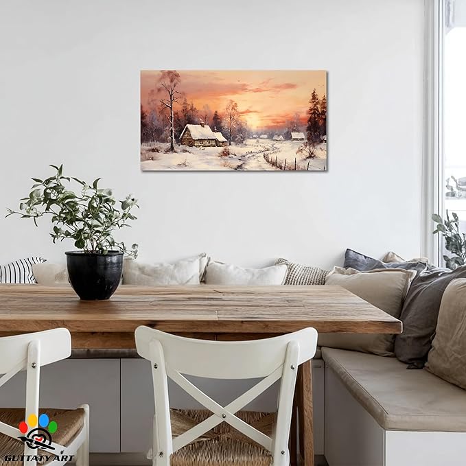 GUTTATY Christmas Winter Scene Canvas Wall Art, Cozy Snow Village Canvas Print, Rustic Country House Wall Painting, Winter Sunset Landscape Poster for Living Room, Bedroom, Hallway, 40x20 Inch