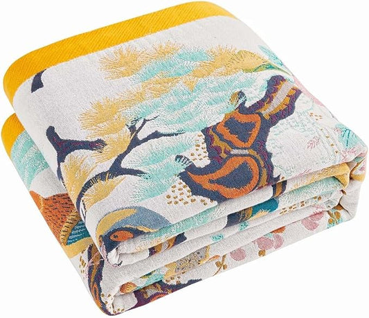Fall Throw Blanket for Couch, Yellow Boho Decorative Throw Blanket, 100% Cotton Muslin Breathable Woven Farmhouse Blankets Quilt, 60"x80" Reversible Lightweight Blankets Bohemian Throw Quilt