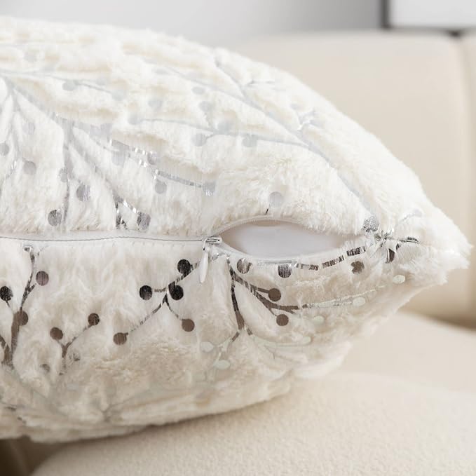 LIGICKY Set of 2 Decorative Lumbar Pillows Fluffy White Fur Pillow Coves Silver Branches Glitter Throw Pillows Soft Furry Sparkling Rectangle Cushion Cases for Sofa Bedroom Party Décor 12x20inch