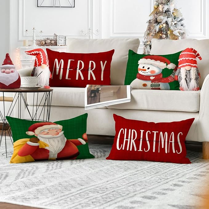 Merry Christmas Pillow Covers 12x20 Set of 4 Red Green Xmas Throw Pillow Covers Winter Holiday Pillow Covers Pillow Cases Home Outdoor Sofa Couch Cushion Covers for New Year(12 by 20)