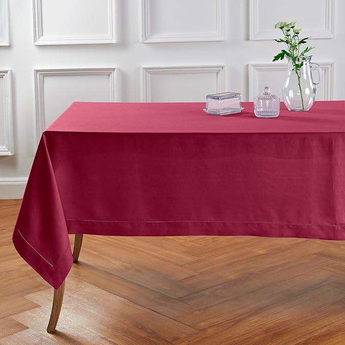 Solino Home Beet Linen Tablecloth 60 x 90 Inch - 100% Pure Linen Hemstitch Table Cloth for Rectangle Tables - Classic Hemstitch, Machine Washable Tablecloth for Fall, Thanksgiving, Christmas, Winter