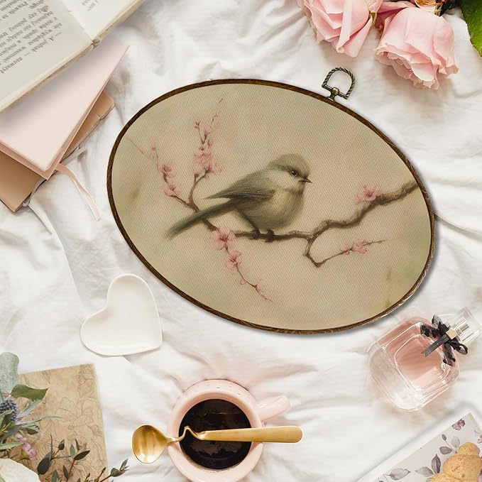 JQF Vintage Bird Oval Wall Decor, Rustic Farmhouse Bird Oval Canvas Wall Art, Neutral Cottagecore Botanical Framed Prints Hanging Decor for Home Bedroom Living Room, 11.5x8.5 Inch