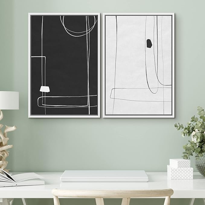 SIGNWIN Framed Canvas Print Wall Art Set Grunge Mid-Century Geometric Lines Abstract Shapes Illustrations Modern Art Minimal Boho Relax/Calm for Living Room, Bedroom, Office - 16"x24"x2 White