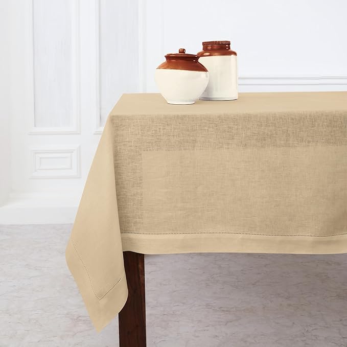 Solino Home Beige Linen Tablecloth 60 x 120 Inch - Classic Hemstitch, 100% Pure Linen Rectangular Tablecloth - Machine Washable Table Cloth for Fall, Autumn, Thanksgiving, Christmas