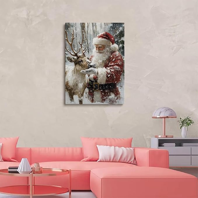 Santa With Reindeer Wall Art Prints,Vintage Christmas Santa Reindeer Print,Rustic Holiday Winter Cottagecore Decor