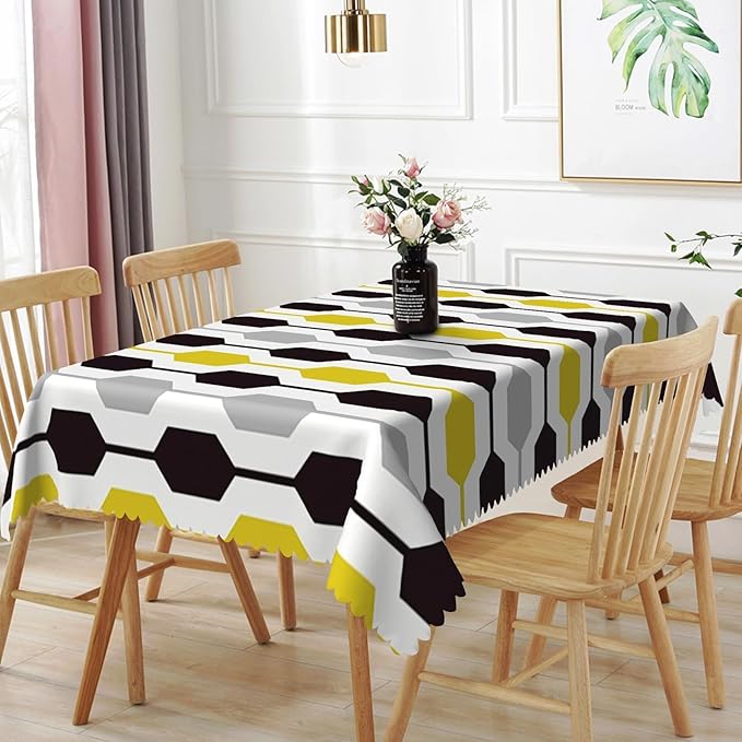 60x120inches Mid Century Modern Rectangle Tablecloth Yellow Grey Black Geometric Pattern Table Cloth Waterproof Fabric Table Cover for Home Kitchen Dining Room Living Room Indoor Outdoor Use