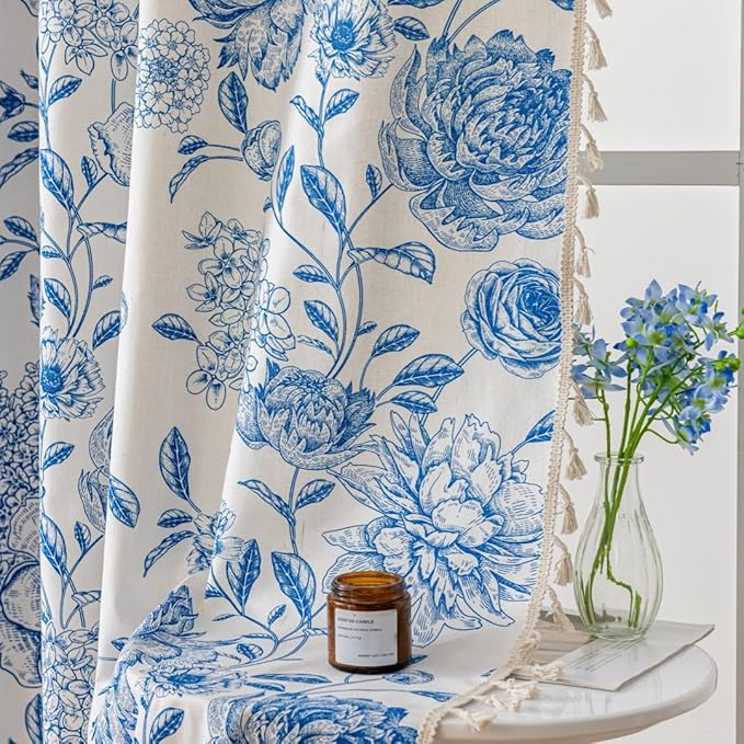 F-CHU Boho Curtains for Living Room 96 Inch Length French Country Floral Drapes Farmhouse Rustic Vintage Window Curtain Panels for Bedroom Chic Cotton Linen Closet Curtains，2 Panel Blue Curtain