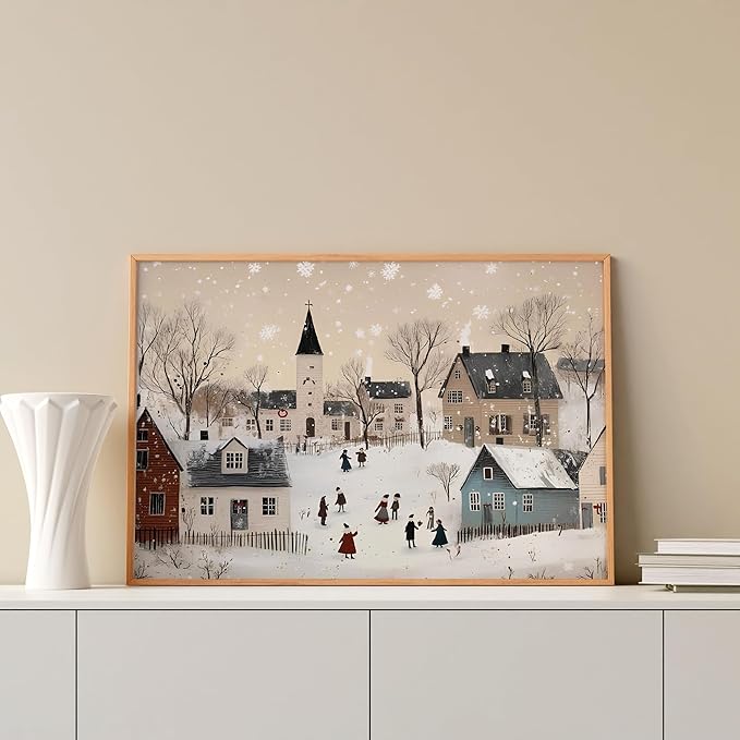 OZCONO Neutral Winter Holiday Wall Art for Cozy Home Decor, Retro Christmas Town Scene Artwork, Beige Seasonal Village Print for Farmhouse Style, Snowy December Illustration (Unframed) (27x40)