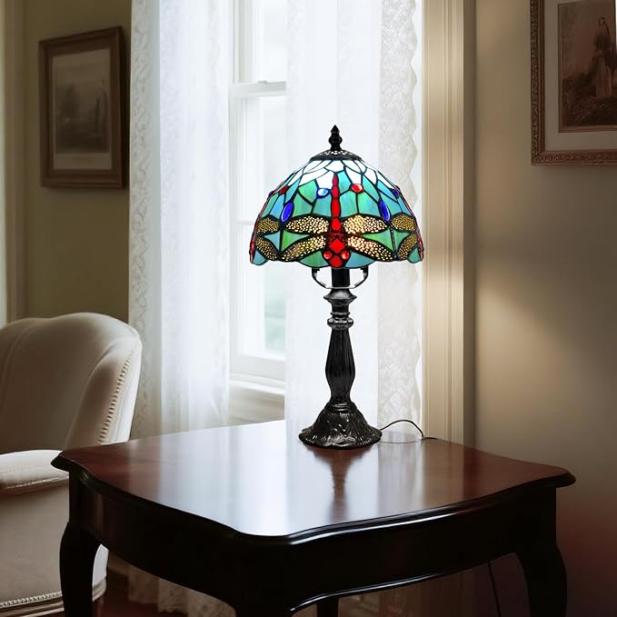 Tiffany Lamp Dragonfly Stained Glass Table Lamp, 8 Inch Antique Desk Lamp with LED Bulb, Desk Reading Light for Bedroom Living Room Office Table Lamps for Bedside Nightstand Gift