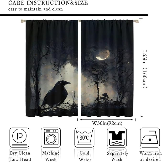 Gothic Halloween Crow Blackout Window Curtains, Black Birds Crow Crow Black Dark Decor Window Drapes, for Home Bedroom Living Room 36(W)*63(L) 2 Panels